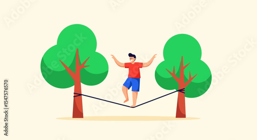 Balancing on Slackline in Nature – Outdoor Focus and Stability Vector Illustration