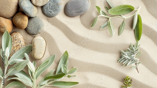 Sandy zen garden with stones and herbs