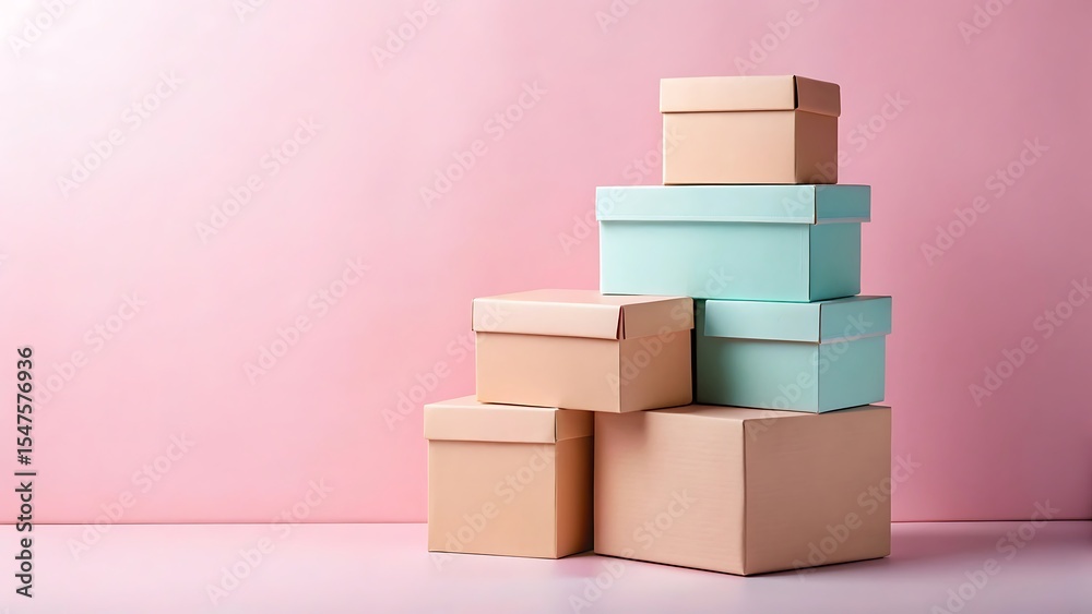 Obraz premium Stack of Pastel-Colored Cardboard Boxes on Pink Background