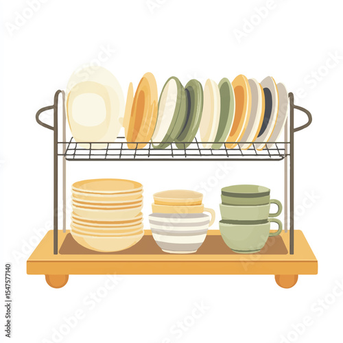 a dish rack with neatly arranged plates and cups