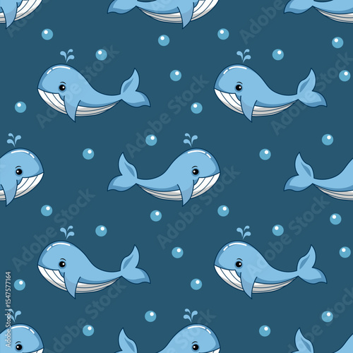 cute blue whale seamless pattern with bubbles