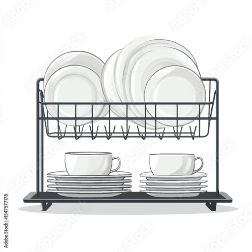 a dish rack with neatly arranged plates and cups