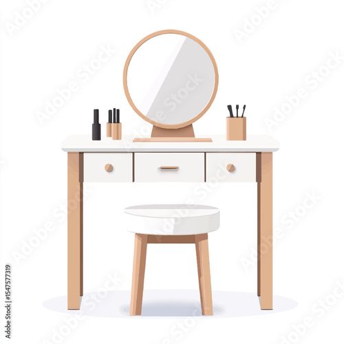 a dressing table with mirror and stool