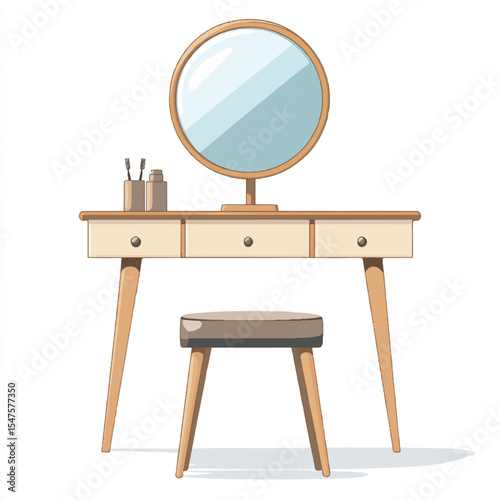 a dressing table with mirror and stool