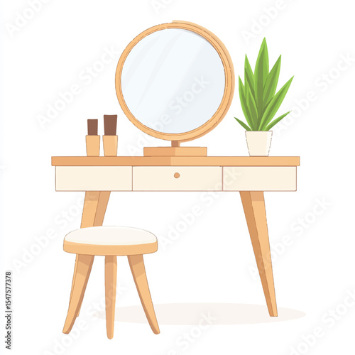 a dressing table with mirror and stool