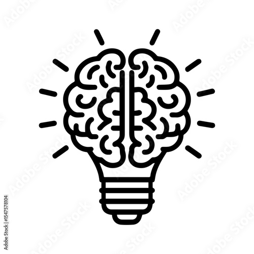 Black outline icon of a brain inside a lightbulb. Symbolizes creativity, intelligence, and innovative ideas. Simple flat design for presentations, logos, and educational content.