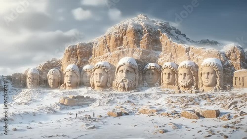 Snow-covered ancient stone sculptures of historical figures on a mountain under a cloudy sky