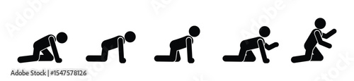 Stickman pose collection showing various crawling and kneeling positions. Black figures on white background. Minimal vector design for concepts of movement, action, or gesture.