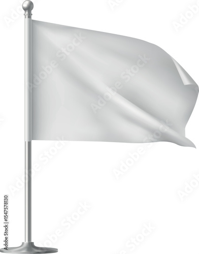 White waving flag template, clean fabric horizontal canvas for promotion design, flag on flagpole vector 3d mockup
