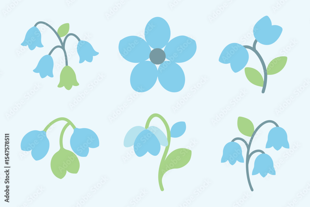 Obraz premium Collection of six blue Virginia Bluebells Sprig with drooping bells 
