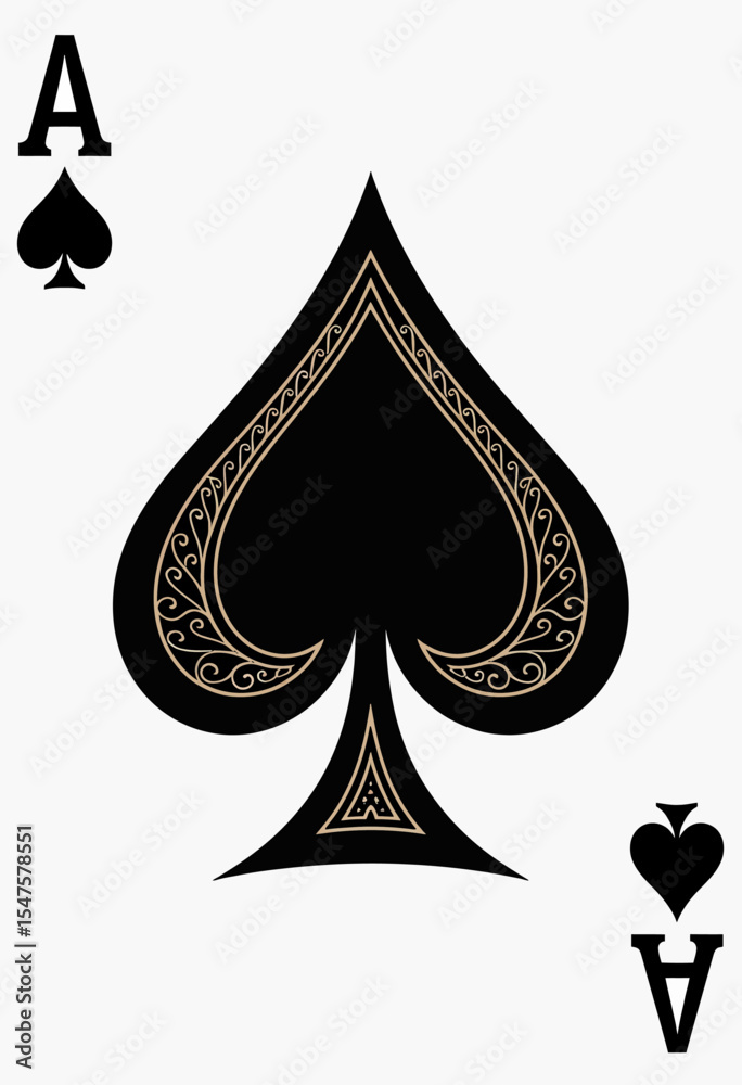 Fototapeta premium An elegant and ornate Ace of Spades playing card, featuring a large central spade decorated with intricate golden filigree for a classic, luxurious casino aesthetic. 