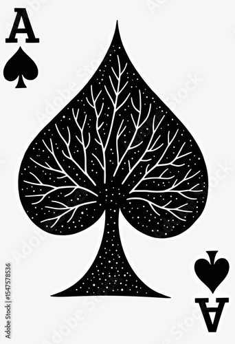 A unique, artistic Ace of Spades playing card featuring a tree-like design within the spade symbol, a creative and modern take on a classic monochrome card.

