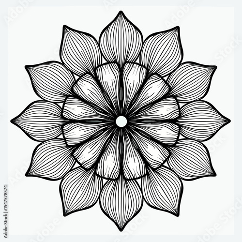 An elegant and intricate black and white floral mandala drawing, featuring detailed line art perfect for a coloring book page, meditative art, or tattoo design.
