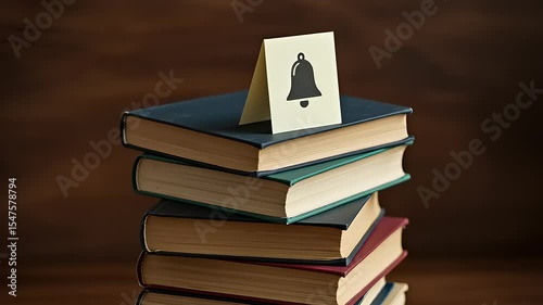 Stack of colorful books with a notification bell sign on top, set against a wooden background, suggesting alertness