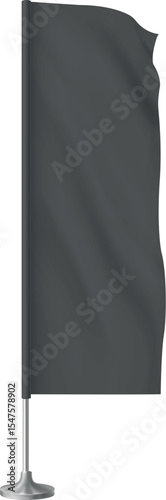 Black waving flag template, fabric vertical canvas for promotion design, flag on flagpole metal stand vector 3d mockup