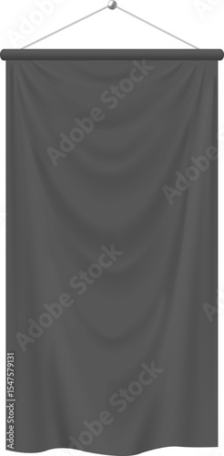 Blank of black long pennant flag banner, vector fabric canvas hanging on strings, realistic textile vertical banner