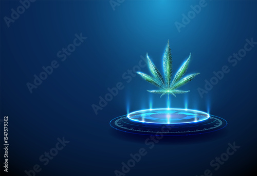 Cannabis leaf on futuristic podium. Medical cannabis, alternative medicine, cannabinoids, pharmaceutical innovation concept.