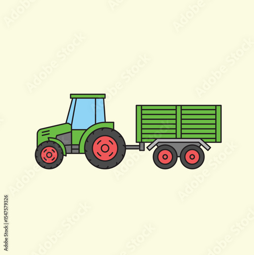 Green Tractor with Trailer in Agricultural Field, Illustration, Farm Environment, Side View, Rural Concept