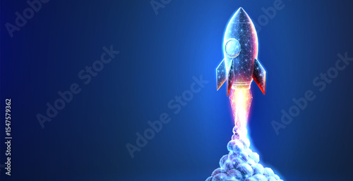 Startup. Digital rocket start. Isolated on blue. Fast web development