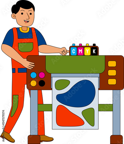 Man Operating a Large Format Printer Illustration