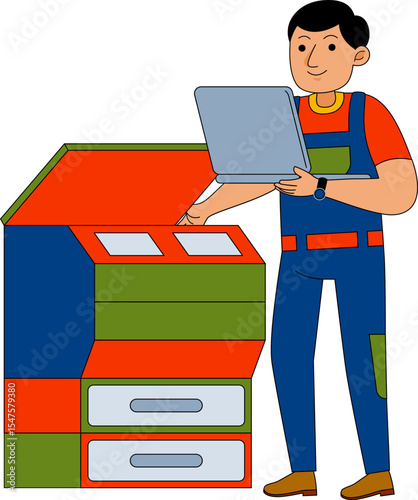 Repairman Fixing a Printer with a Laptop
