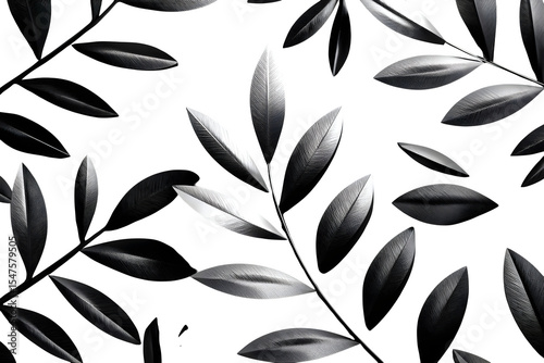 High-contrast black leaf overlay pattern with overlapping shadows like stencil cutout, modern design for branding, transparent background