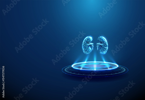 Human kidneys on futuristic podium. Nephrology, kidney disease diagnostics, renal treatment, artificial organ technology concept.