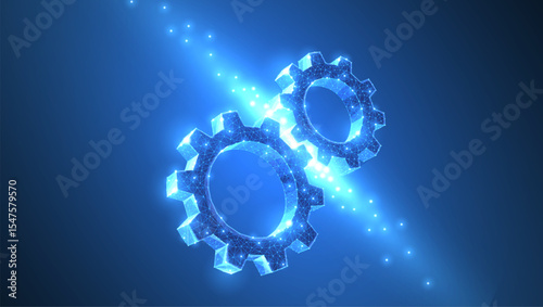 Gears. Abstract vector wireframe two gear 3d modern illustration on dark blue background.