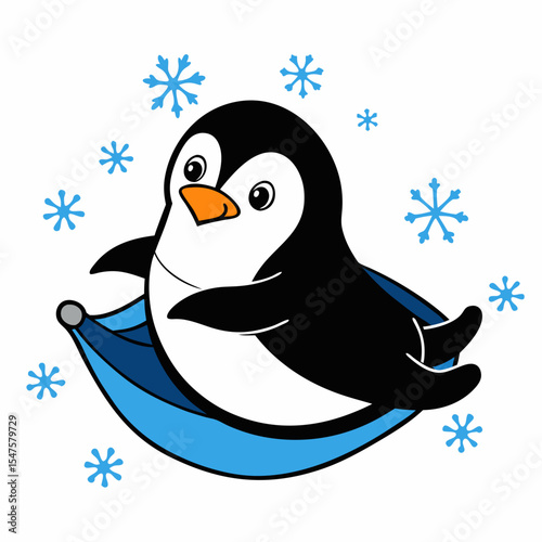 Cheerful Cartoon Penguin Sliding on a Blue Sled Winter Fun Illustration.