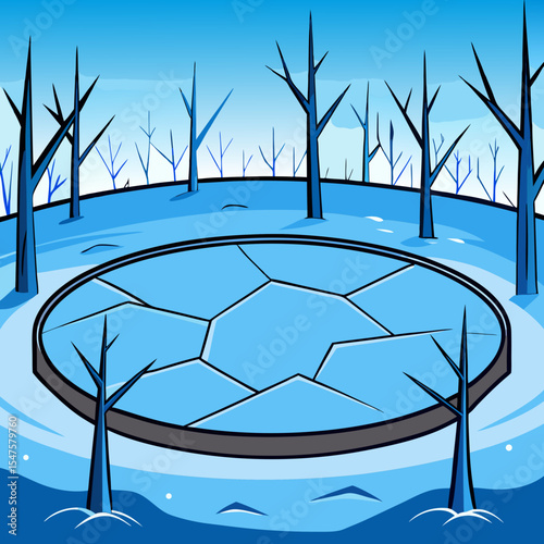 Frozen Winter Pond with Fractured Ice and Bare Trees.