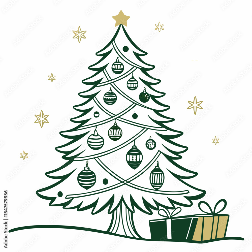Obraz premium Festive Christmas Tree Illustration with Ornaments Star and Gift Box.