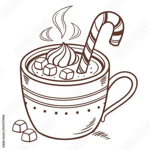 Detailed Brown Line Art of Hot Chocolate with Candy Cane and Marshmallows.