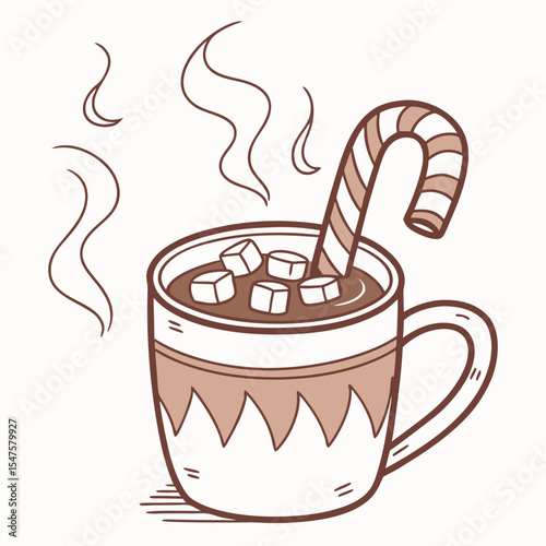 Illustrated Hot Chocolate with Marshmallows and Candy Cane.
