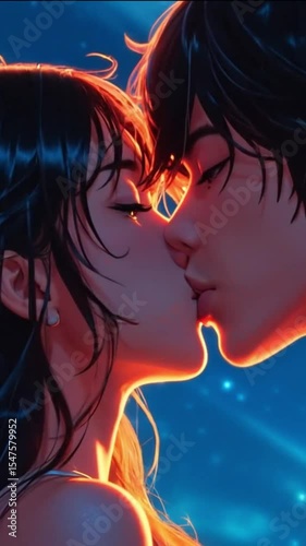 Romantic anime video.  An anime couple in love, a young boy and girl kissing under a magical starry sky with shining stars.