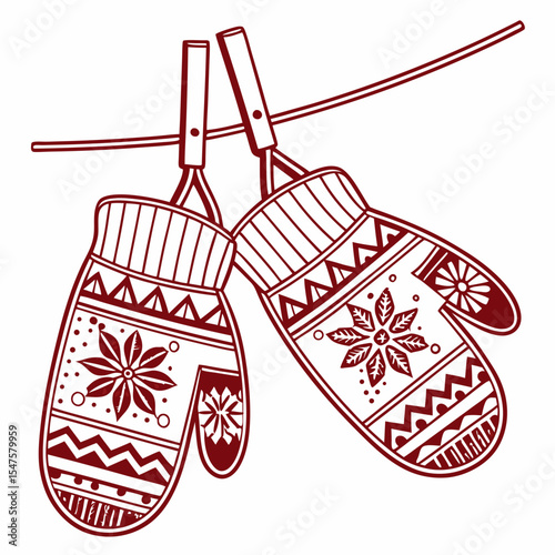 Pair of Maroon Knit Winter Mittens with Floral and Geometric Patterns Hanging on a Clothesline.