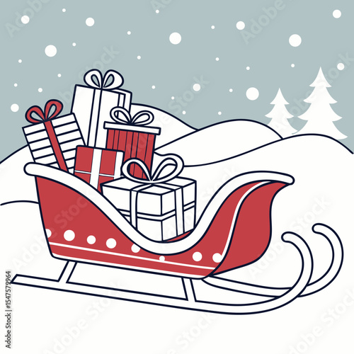 Red Christmas Sleigh Overflowing with Wrapped Gifts.
