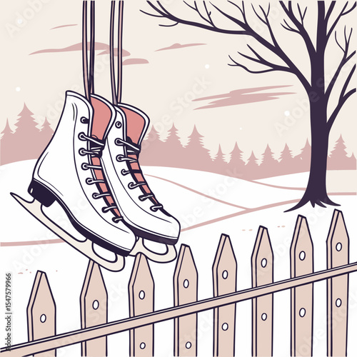 Pair of Vintage White Ice Skates with Pink Accents Hanging on a Fence.