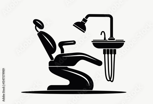 A clean and professional black silhouette icon of a dental chair with equipment, a simple vector glyph perfect for a dentist's office logo or medical website.
