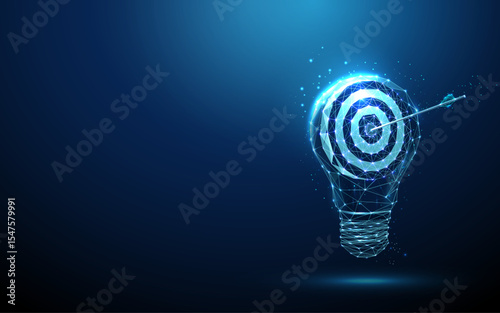 Light bulb with target and arrow inside. Innovation, focused ideas, goal achievement and strategic thinking concept