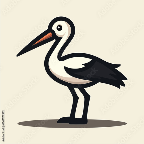 A simple and cute cartoon stork mascot logo, a minimalist vector illustration perfect for a baby shower invitation, newborn announcement, or children's brand.
