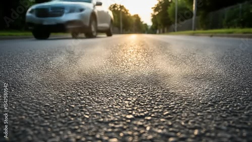 Sunset view of a quiet street with a car approaching, showcasing the shimmering asphalt and trees