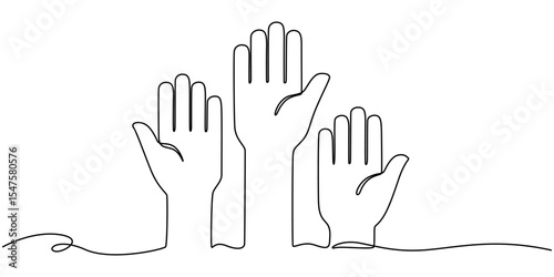 Hands up, raised up volunteering, audiences and teamwork continuous one line drawing. Graphic illustration, Hands Raised Continuous Line Icon for Volunteer, Togetherness topics, Human hands reaching