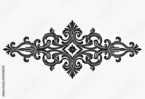 An elegant and intricate black vintage baroque ornament with symmetrical swirls and floral motifs, a classic design element isolated on a white background for timeless decor.
