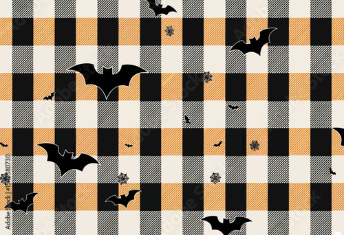 A chic and spooky seamless Halloween pattern featuring black bat silhouettes on a classic orange and black buffalo plaid background, ideal for fabric or festive decor.
