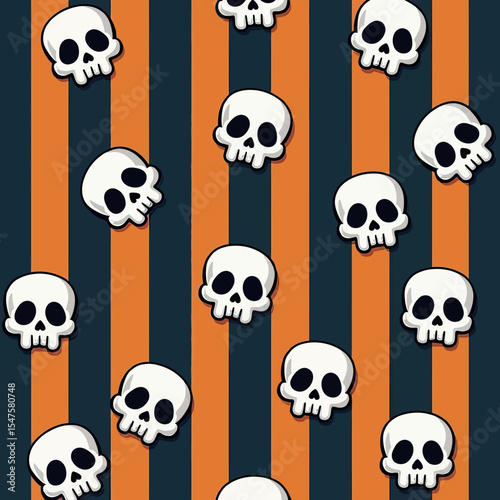 A fun and playful seamless Halloween pattern with cute, tilted cartoon skulls on a bold orange and dark blue striped background for kids' party decor.
