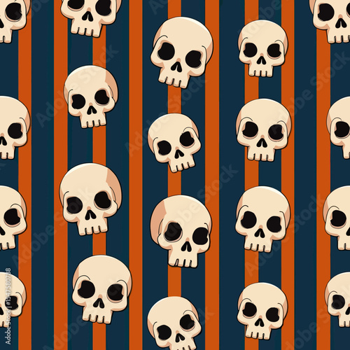 A creepy and fun seamless Halloween pattern of cartoon skulls with a slight 3D effect, floating over a bold orange and dark blue striped background.
