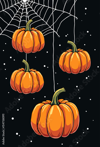 A spooky Halloween illustration of vibrant orange pumpkins caught in a spider's web, hanging against a dark, starry night sky for a festive and creepy design.
