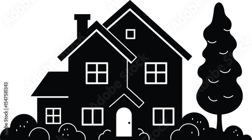 Black house icon with tree and bushes, home exterior illustration, suburban residential building, property symbol, vector real estate concept, cozy house silhouette