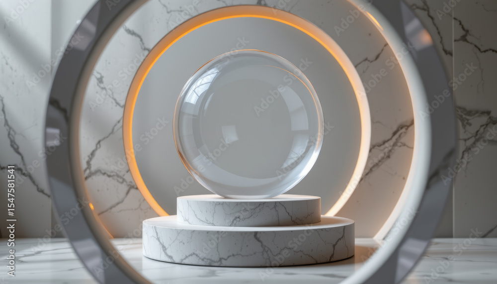 Fototapeta premium Transparent glass sphere on marble pedestal with circular light and marble background, modern elegant design with soft glow