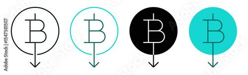 Bitcoin price decreasing icon set. Black and green color. Cryptocurrency, money, business or investment concept. Falling coin symbol with downward arrow for web, ui, or app. Editable vector stroke.